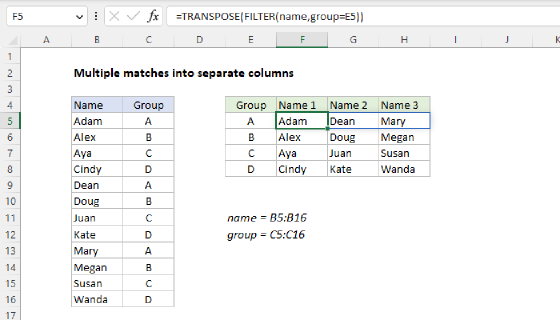 Excel Multiple matches into separate columns
