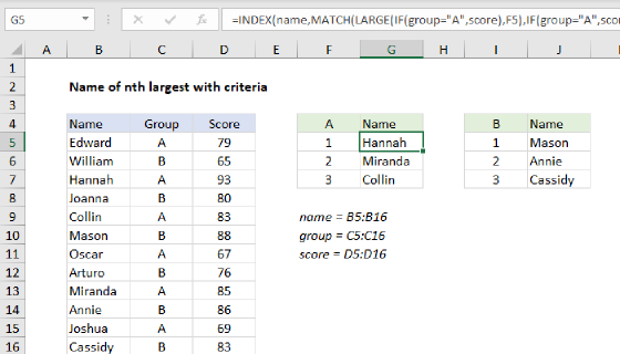 Excel Name of nth largest value with criteria