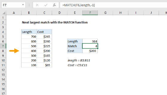 Excel Next largest match with the MATCH function