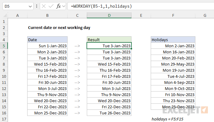 Formula for current date or the next working day