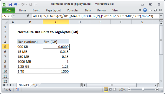 Excel Normalize size units to Gigabytes