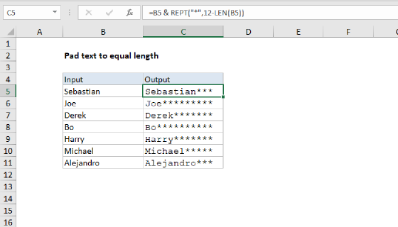 Excel Pad text to equal length