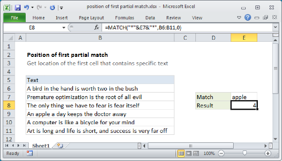 Excel Position of first partial match