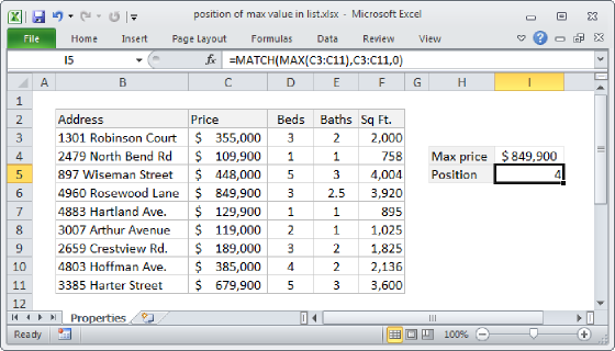 Excel Position of max value in list