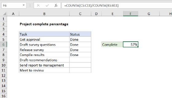 Excel Project complete percentage