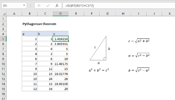 Excel Pythagorean theorem