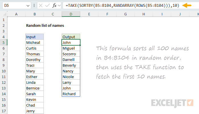 Creating a random list of names with TAKE, SORTBY, and RANDARRAY