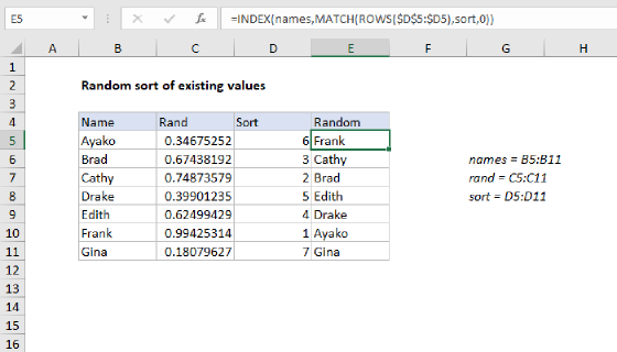 Excel Random sort formula