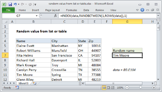 Excel Random value from list or table