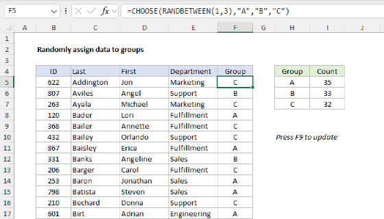 Excel Randomly assign data to groups