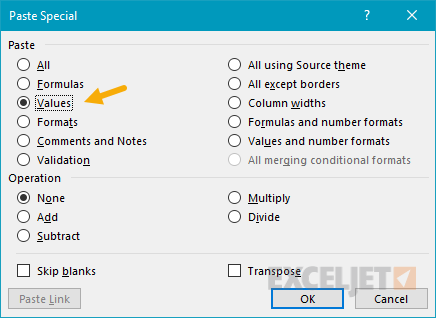 Select Values in the Paste Special window