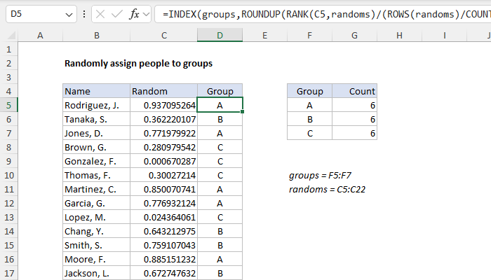 Randomly assign people to groups - Excel formula | Exceljet