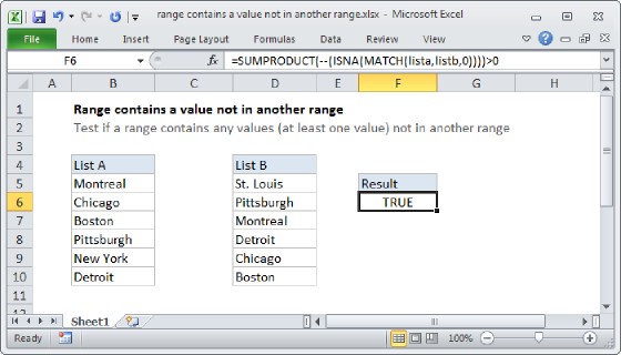 Excel Range contains a value not in another range