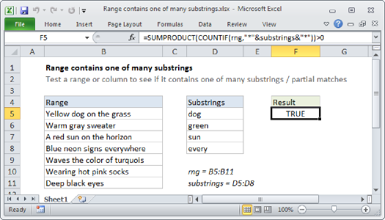 Excel Range contains one of many substrings