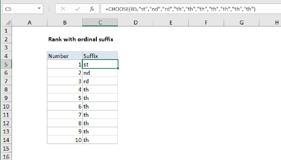 Excel Rank with ordinal suffix