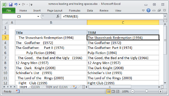 Excel Remove leading and trailing spaces from text