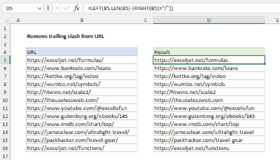 Excel Remove trailing slash from url