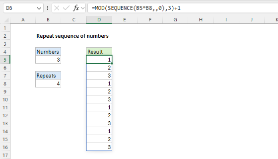 Excel Repeat sequence of numbers