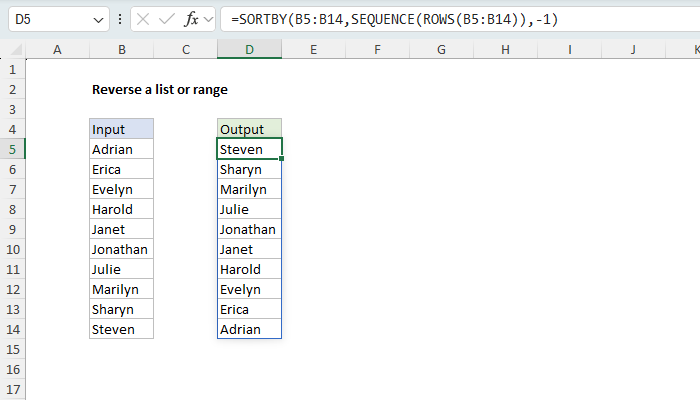 Reverse a list or range