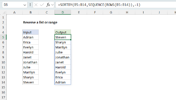 Excel Reverse a list or range