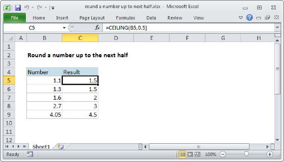 Excel Round a number up to next half