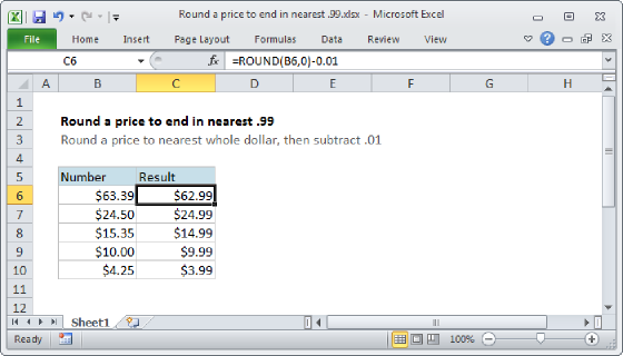 Excel Round a price to end in .99