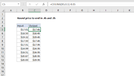 Excel Round price to end in .45 or .95