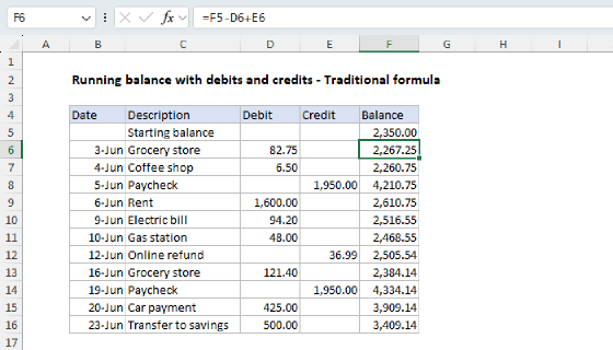 Excel Running balance with debits and credits