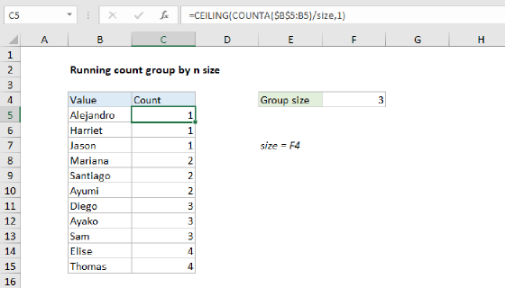 Excel Running count group by n size