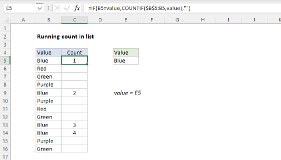 Excel Running count of occurrence in list