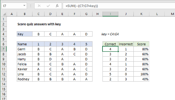 Excel Score quiz answers with key