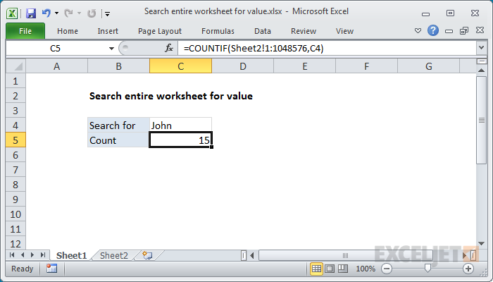 Search entire worksheet for value