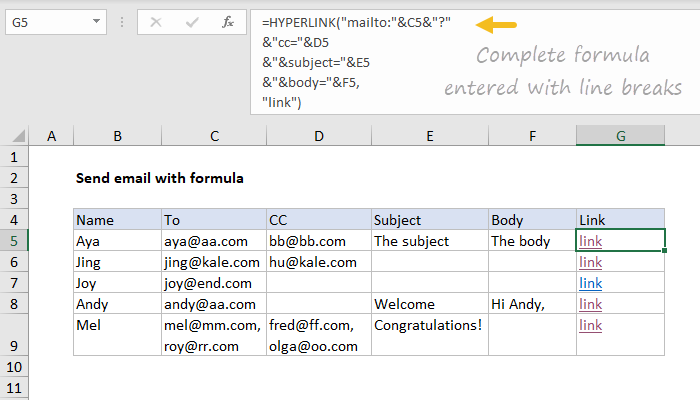 Formula Sendemail Send email with formula - Excel formula | Exceljet