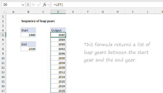 Excel Sequence of leap years