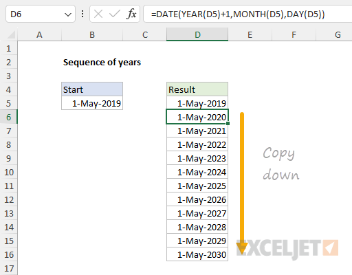 Formula for series of years in older versions of Excel