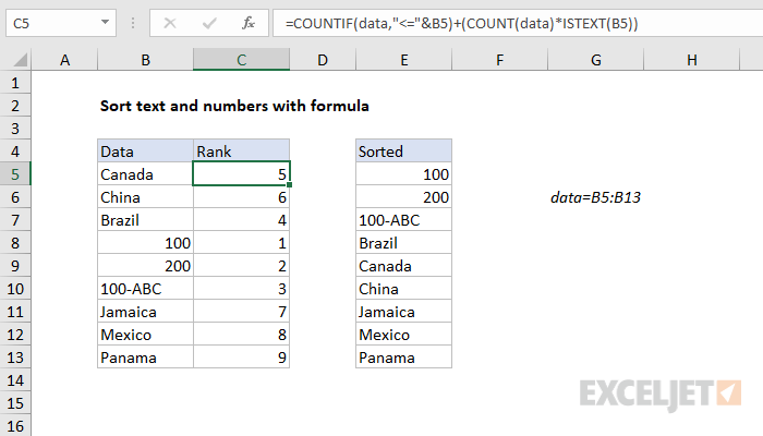 Sort text and numbers with formula