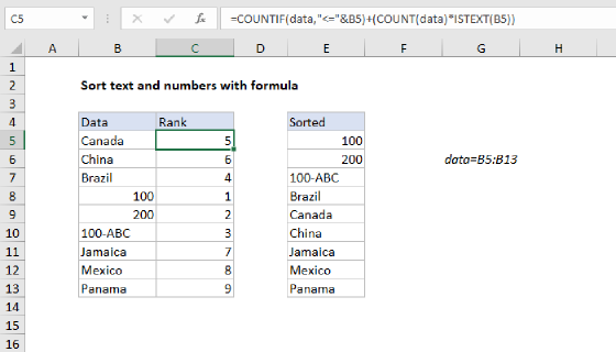 Excel Sort text and numbers with formula