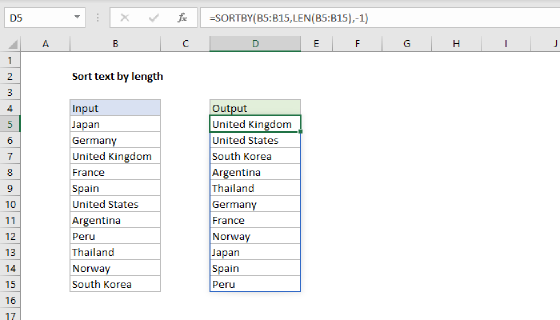 Excel Sort text by length