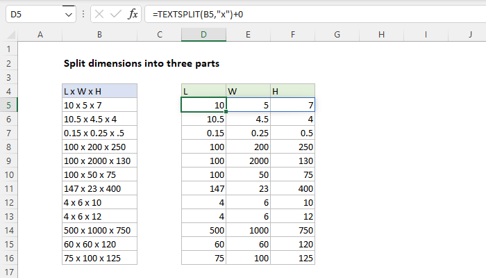 Split dimensions into three parts
