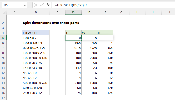 Excel Split dimensions into three parts