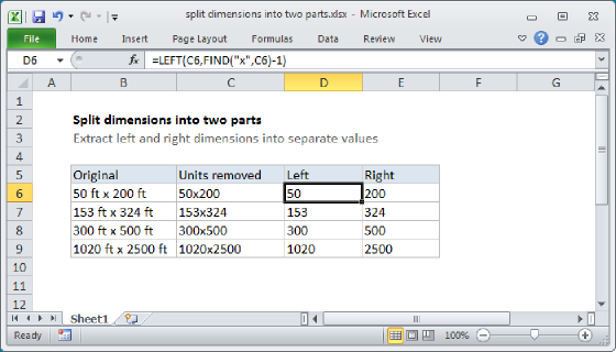 Excel Split dimensions into two parts