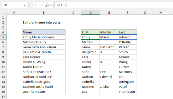 Excel Split full name into parts