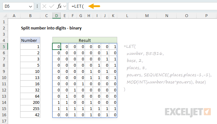 A list of numbers split into 8 binary digits each