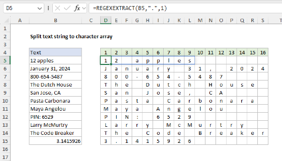 Excel Split text string to character array