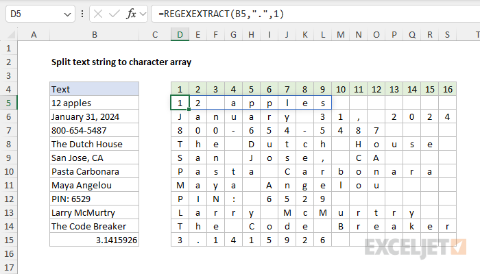 Split text string to character array