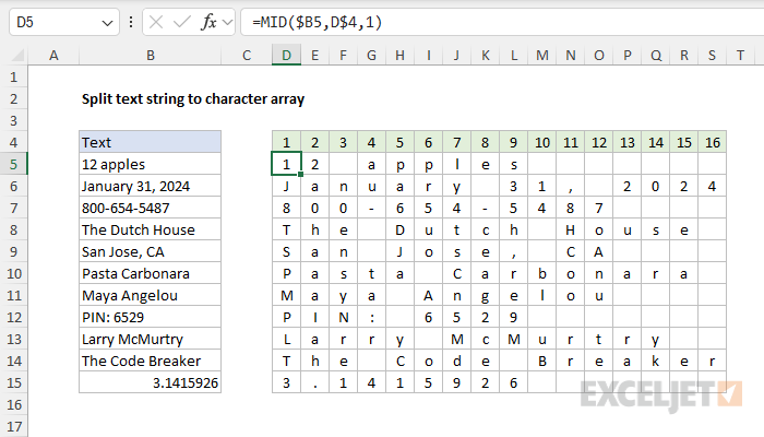 How to split text into characters in Legacy Excel with MID and relative references
