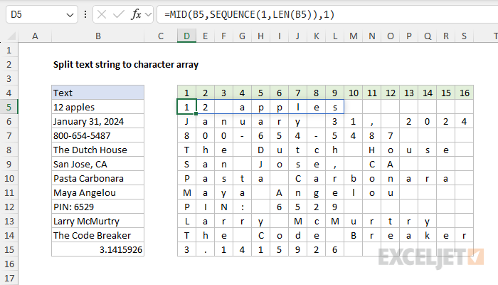 How to split text to an array of characters with SEQUENCE and MID