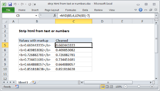 Excel Strip html from text or numbers