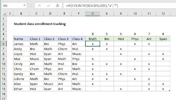 Excel Student class enrollment with table