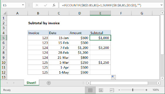 Excel Subtotal by invoice number